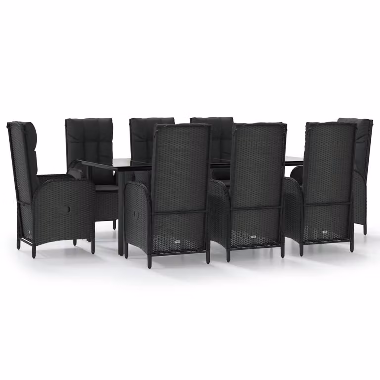 Set da Pranzo da Giardino 9 pz con Cuscini Nero in Polyrattan