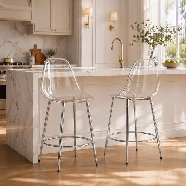 Set da 2 sgabelli da bar trasparenti con struttura in metallo argento, altezza 102 cm