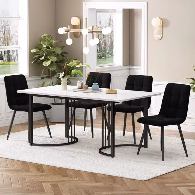 Set Tavolo da Pranzo con 4 Sedie ¨C Xylo ¨C Piano MDF Bianco, Gambe Metallo Nero, Velluto, 140x80
