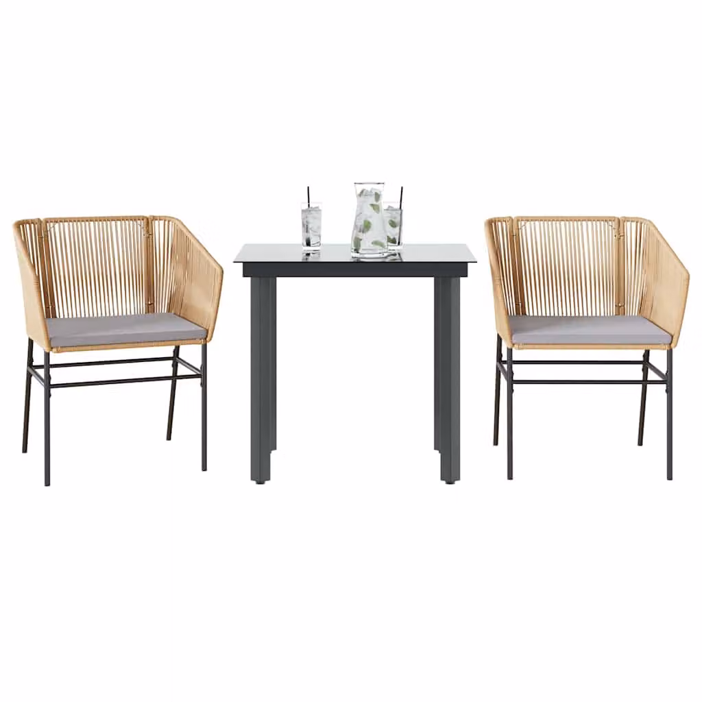 Set da Pranzo da Giardino 3 Pezzi vidaXL in Polyrattan con Piano in Vetro e Cuscini Disponibile in Nero, Marrone o Grigio