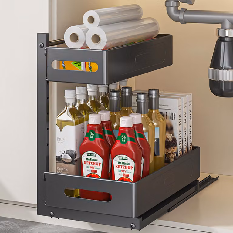 Organizzatore da cucina a 2 ripiani - Scaffale estraibile - Da posizionare sotto il lavello - Organizzatore in metallo - Altezza regolabile - Acciaio al carbonio resistente
