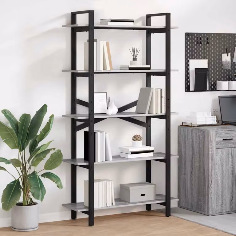 Libreria a 5 livelli vidaXL in stile industrial, colore grigio, realizzata in legno e metallo, L: 100 cm, P: 33,5 cm, H: 178 cm