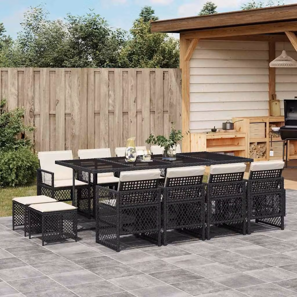 vidaXL Set da Pranzo da Giardino 13pz in Polyrattan Nero con Cuscini e Tavolo in Vetro – 1