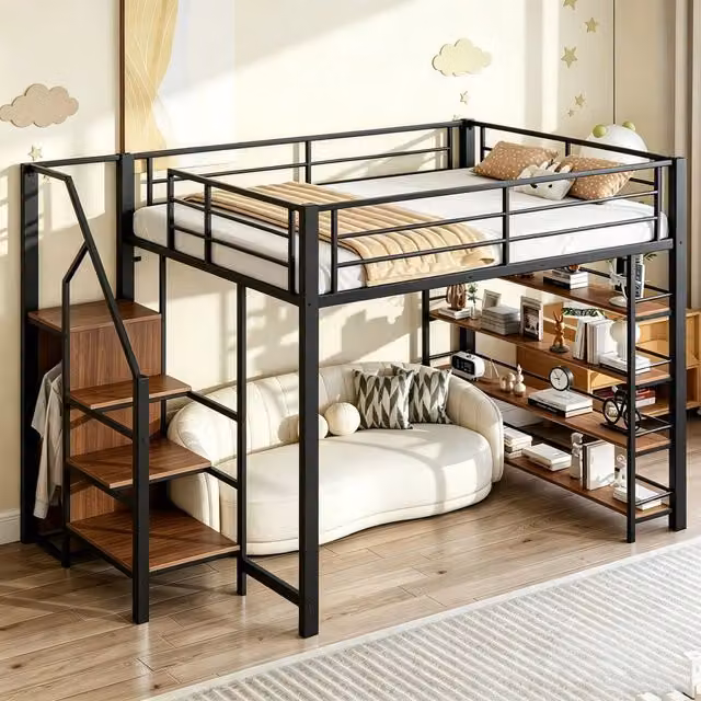 Letto a castello WISHDOR in metallo e MDF con scala contenitore, armadietto e mensole, nero, L/P/H: 200 x 140 x 170,5 cm
