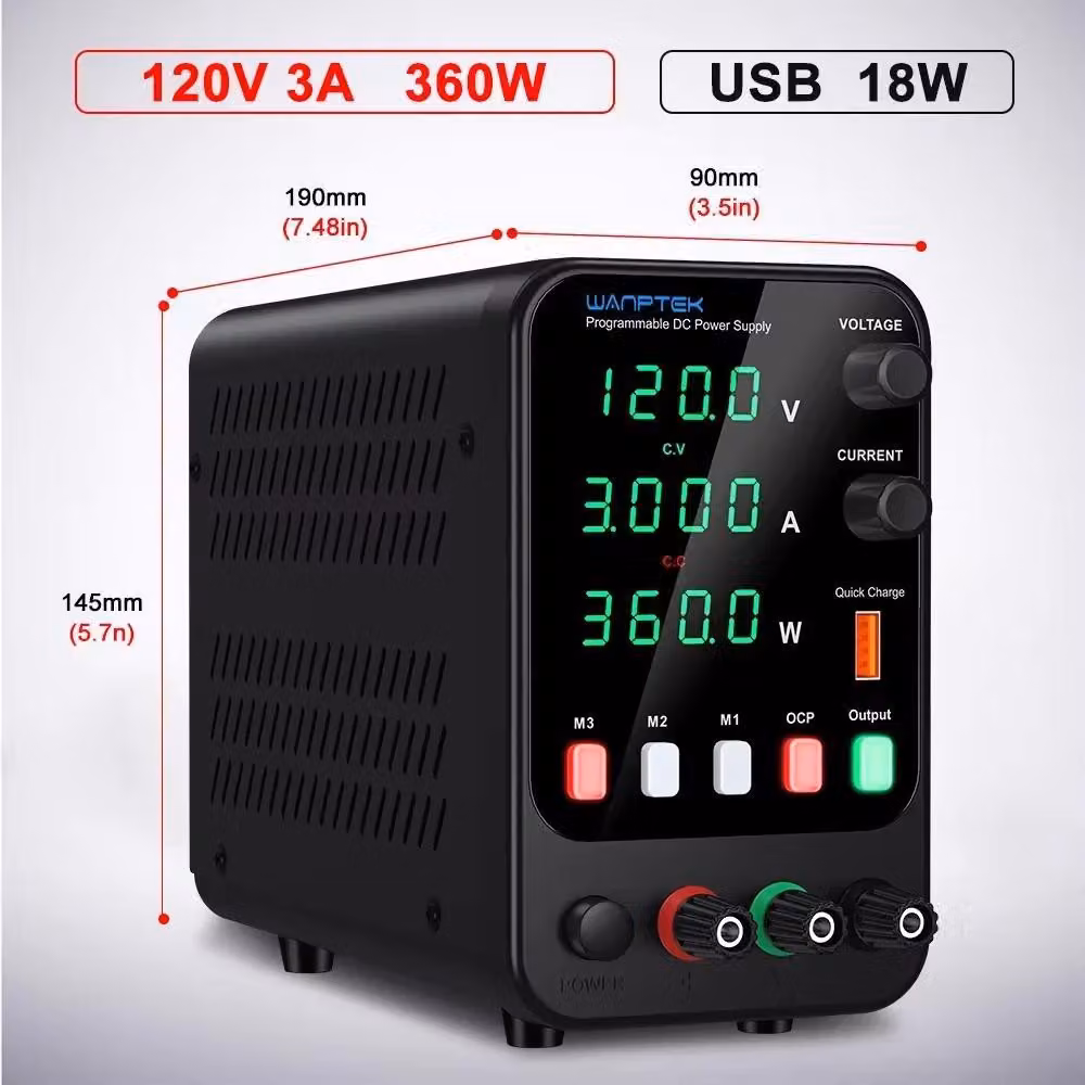 Alimentatore da laboratorio DC, modello APS, 120V, 3A, 360W. Alimentatore regolabile in tensione e corrente. Alimentatore da laboratorio, 120V, 3A, 360W, con spina EU per 220V