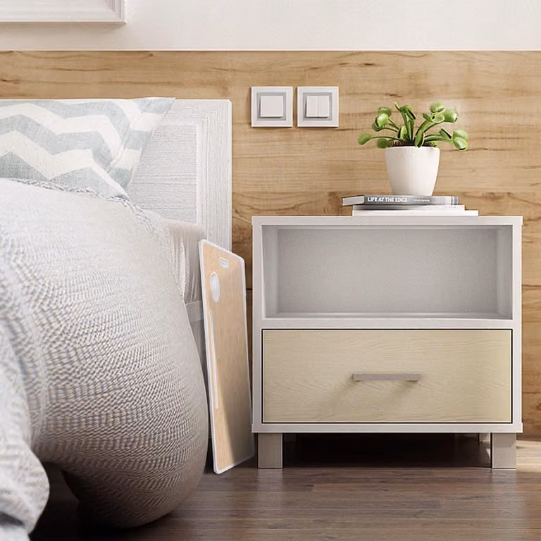 Tavolino per laptop, dimensioni 60 x 40 cm, con cassetto e portabicchieri, finitura bianco rovere, ideale per il letto