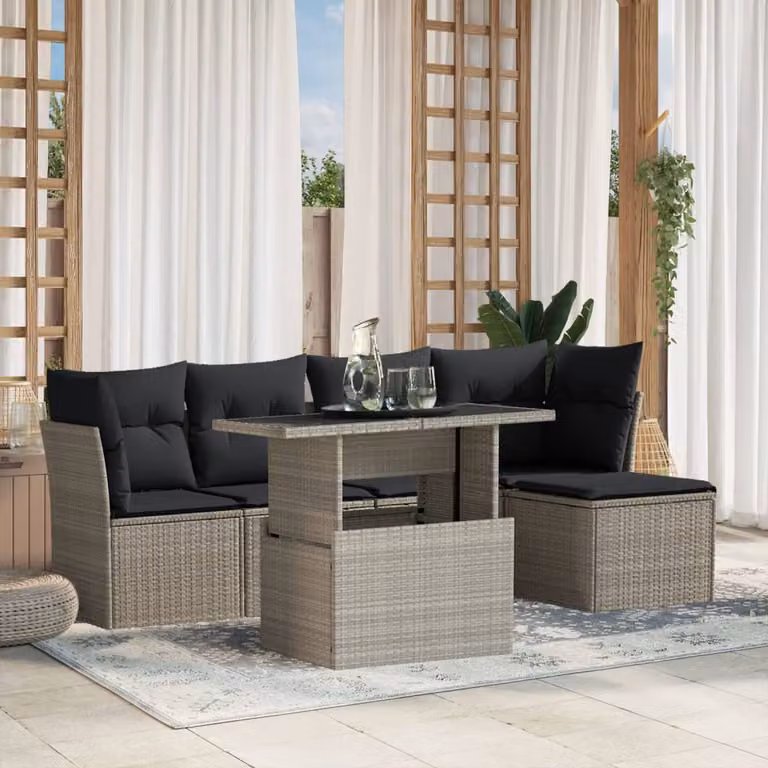Set Divano da Giardino vidaXL 6pz in Polyrattan Grigio Antracite con Cuscini Imbottiti e Tavolino