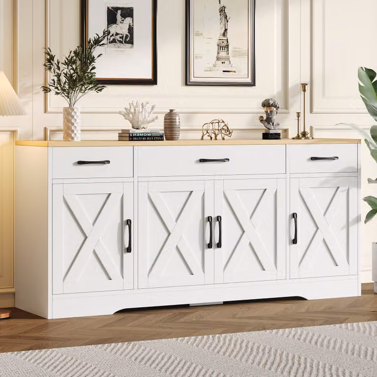 okwish Mobile da cucina, cassettiera, mobile aggiuntivo, mobile buffet, mobile multifunzionale in legno per soggiorno e sala da pranzo, bianco