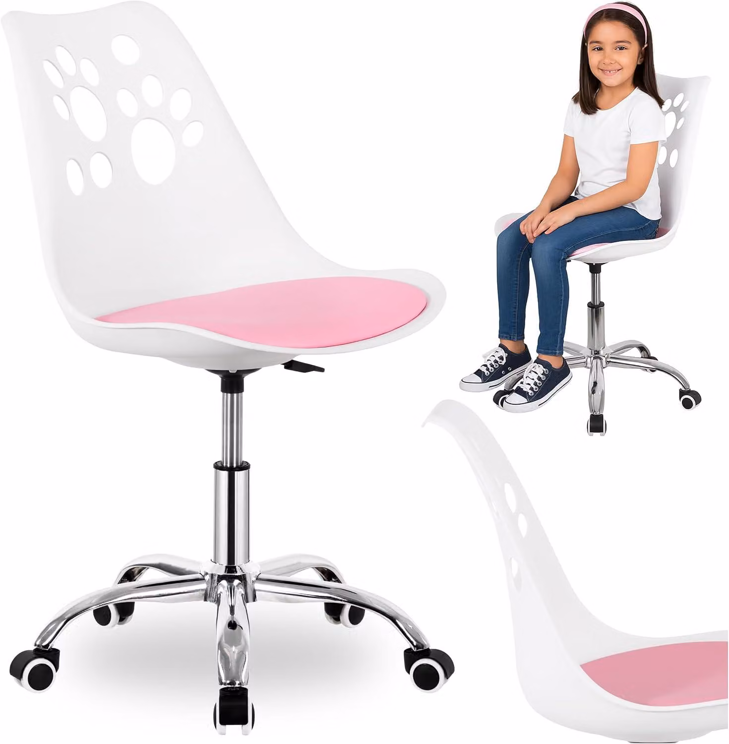 Sedia da ufficio per bambini, bianca e rosa, regolabile in altezza, adatta a bambini dai 6 anni in su. Sedia girevole ergonomica con ruote e cuscino, ideale per l'ufficio dei bambini