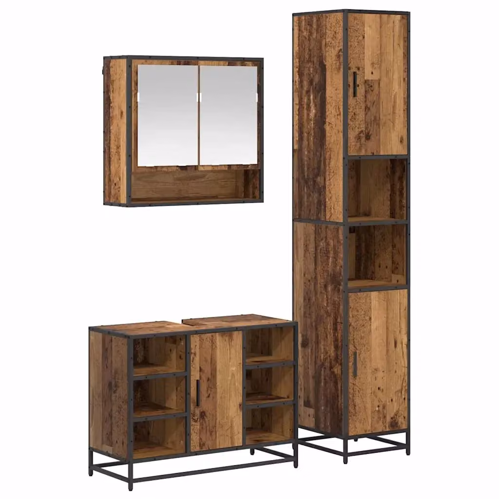 Set di mobili per il bagno vidaXL in legno e metallo marrone e nero, composto da armadietto con specchio, mobile lavabo e colonna alta, stile moderno – 2