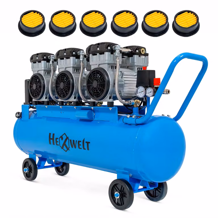 Compressore senza olio HW-KBO-6T-100L - 100 L, 6 cilindri, 576 l/min, 8 bar, 3,3 kW, 230 V, cilindri in ghisa, con ruote per officina e industria