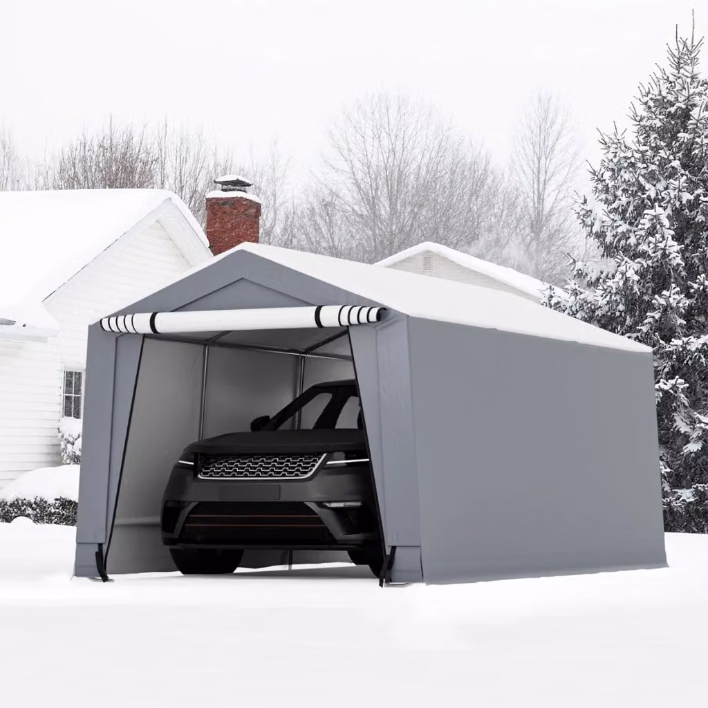 Tettoia per auto Design Mania con telaio in acciaio zincato e design a capanna, Garage portatile grigio con porta laterale a cerniera, L: 490 cm, P: 290 cm, H: 245 cm – 2