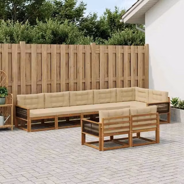 Set di divani da esterno a forma di U vidaXL in legno di acacia con cuscini beige e marrone, composto da 8 pezzi con pouf e elementi angolari