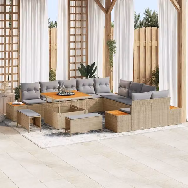 Set Divano da Giardino vidaXL 13 Pezzi Beige con Tavolino e Cuscini a Forma di U