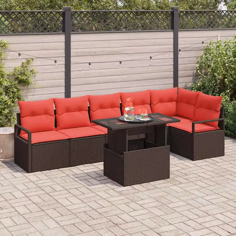 Set Divano da Giardino vidaXL 7 Pezzi a Forma di U con Tavolino, Struttura in Acciaio e Cuscini Marrone e Rosso