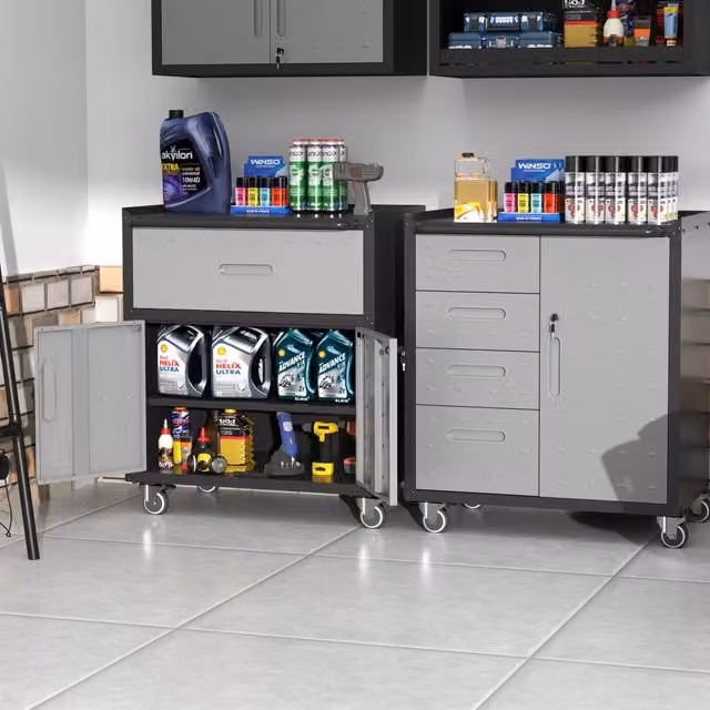 Armadio portautensili WISHDOR in metallo con ruote e serratura, nero/grigio, L: 75 cm, P: 42 cm, H: 88 cm