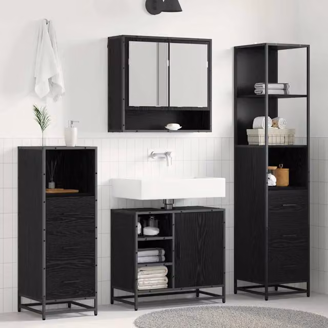 Set di mobili per il bagno 3 pz Rovere Nero 35 x 37,5 x 166 cm 3402505