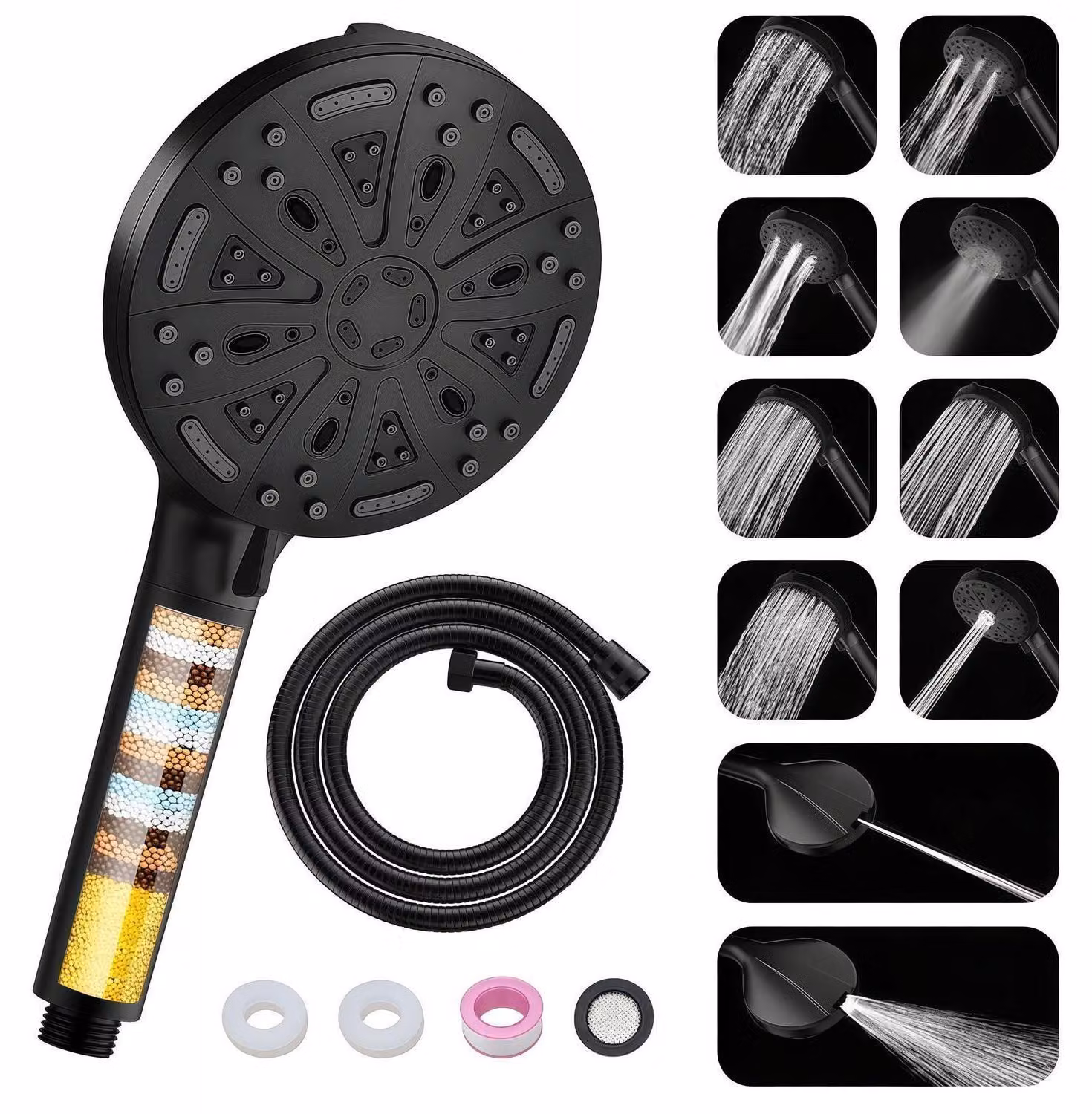 Doccia con flessibile, 10 modalità di spruzzo, filtro a 20 strati, colore nero