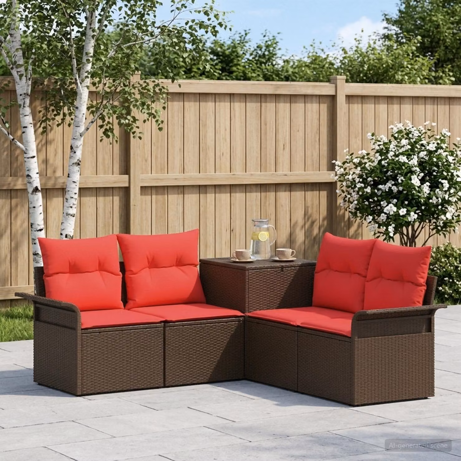 Set di divani da giardino vidaXL in rattan e acciaio con cuscini marroni e rossi