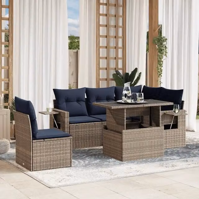 Set di divani da giardino vidaXL in polyrattan grigio con 6 pezzi e cuscini blu per esterni – 1