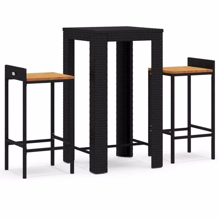 Set Bar Giardino 3 pz Nero Polyrattan e Legno Massello Acacia