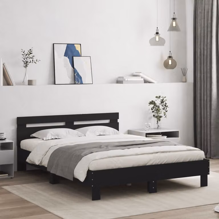 vidaXL Giroletto Moderno con LED e Porte USB in Legno Nero L/P/H: 203 x 150 x 70 cm