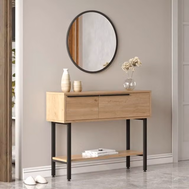 Tavolo Consolle Vesanto con Scomparti Chiusi en.casa, Effetto Rovere e Nero, L: 100 cm, P: 30 cm, H: 76 cm