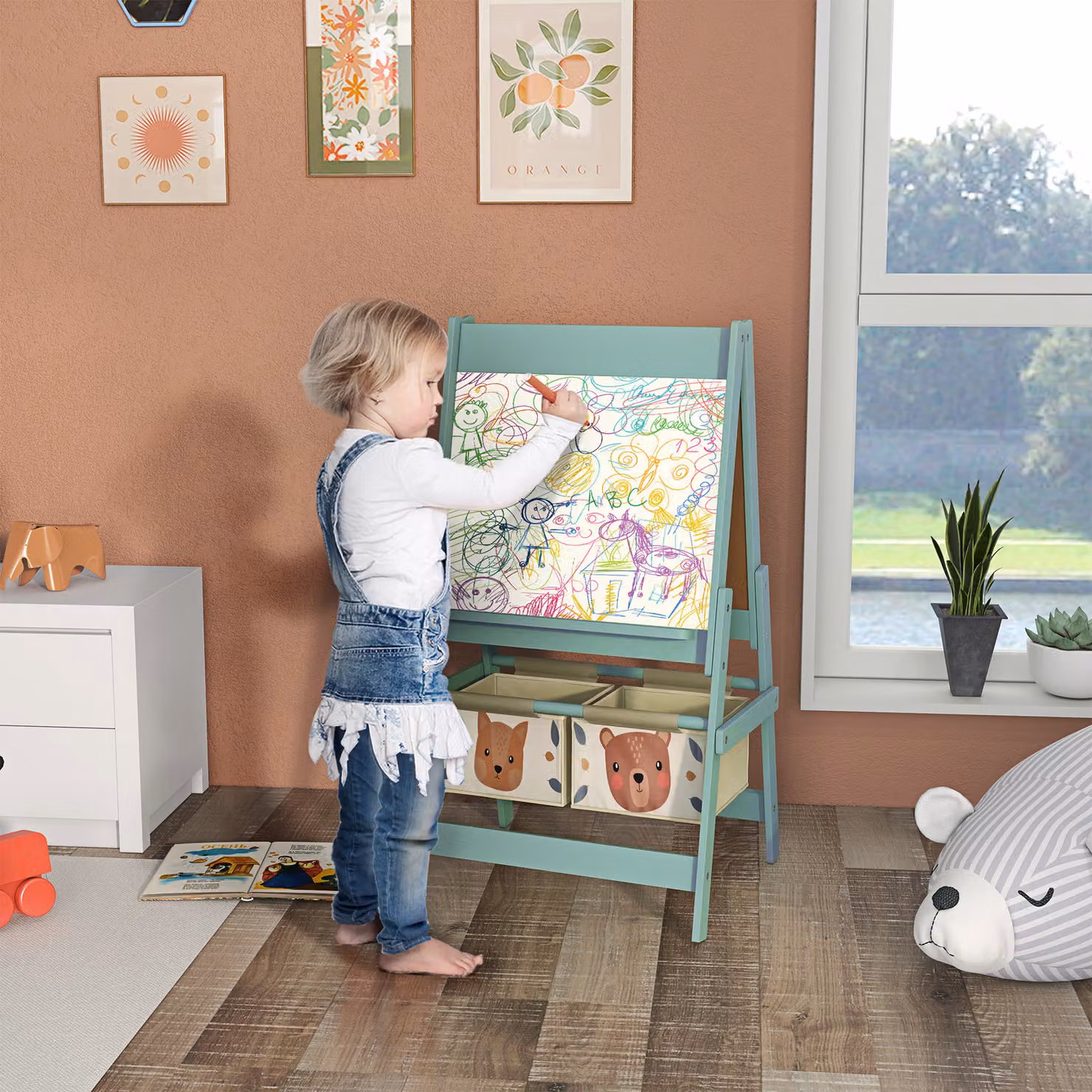 Lavagna per bambini AIYAPLAY 3 in 1 con cavalletto e 2 contenitori, Verde, L: 54 cm, P: 46.5 cm, H: 93 cm – 2