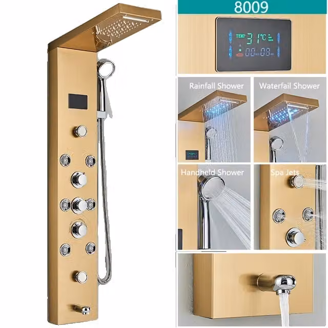 Apparecchio doccia a LED, display della temperatura, sistema di massaggio per il corpo, oro 8009