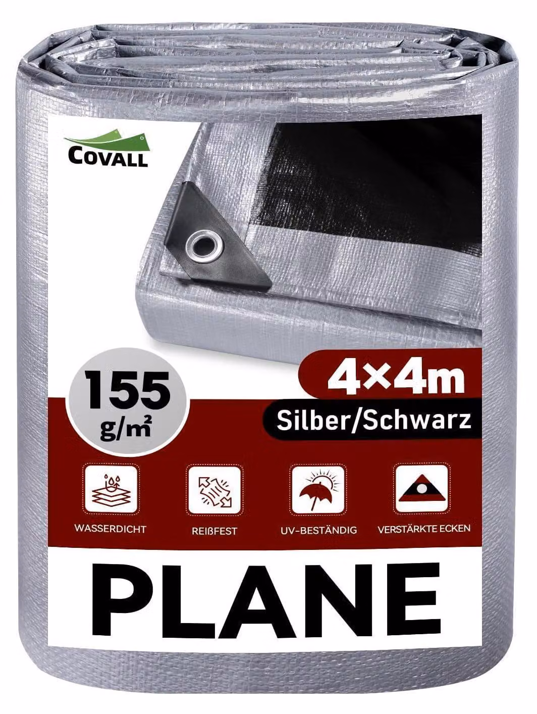 Telo di copertura con occhielli, 4x4 metri, impermeabile, 155 g/m², colore argento/nero, resistente allo strappo, stabilizzato contro i raggi UV