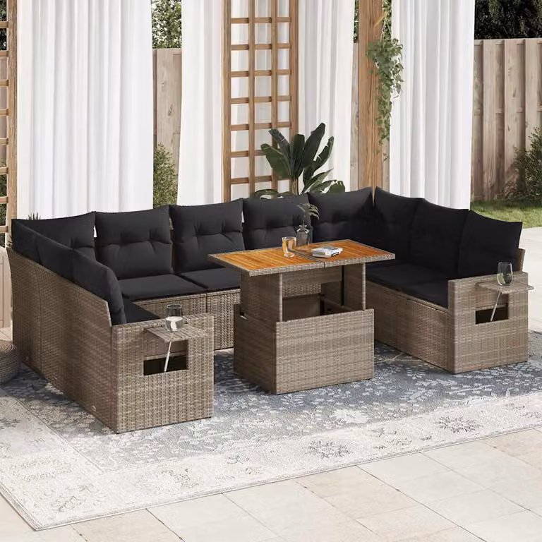 Set Divano da Giardino vidaXL in Polyrattan Grigio con Cuscini e Tavolino da Esterno a Forma di L
