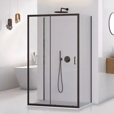 Box doccia Tay a 3 lati con porta scorrevole, colore nero opaco e vetro trasparente, L: 120 cm, P: 70 cm, H: 195 cm