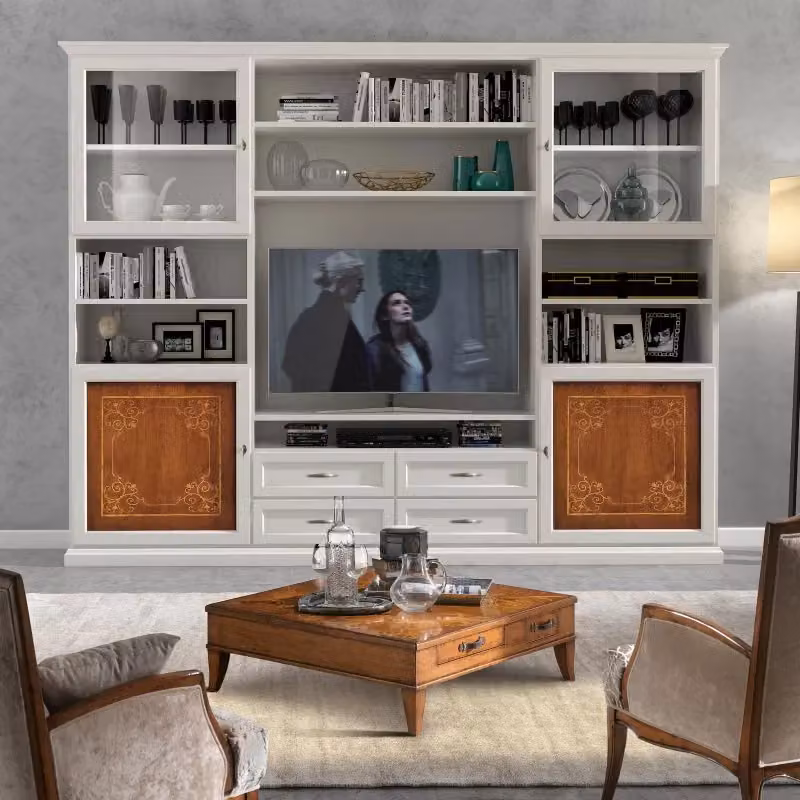 Parete attrezzata classica Mobili 2G in legno bianco e noce con vetro L: 300 cm, P: 46 cm, H: 240 cm – 2
