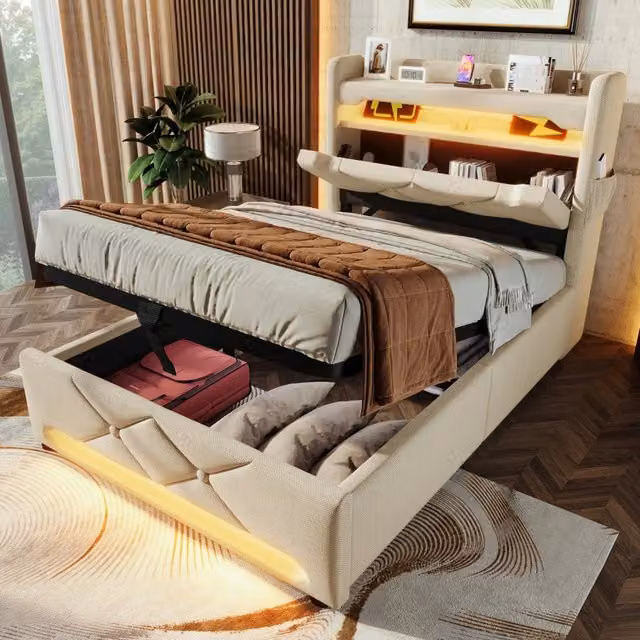 Letto contenitore singolo 90x200 cm, letto imbottito con illuminazione LED a 360°, testiera contenitore con porte USB e Type-C, lino beige