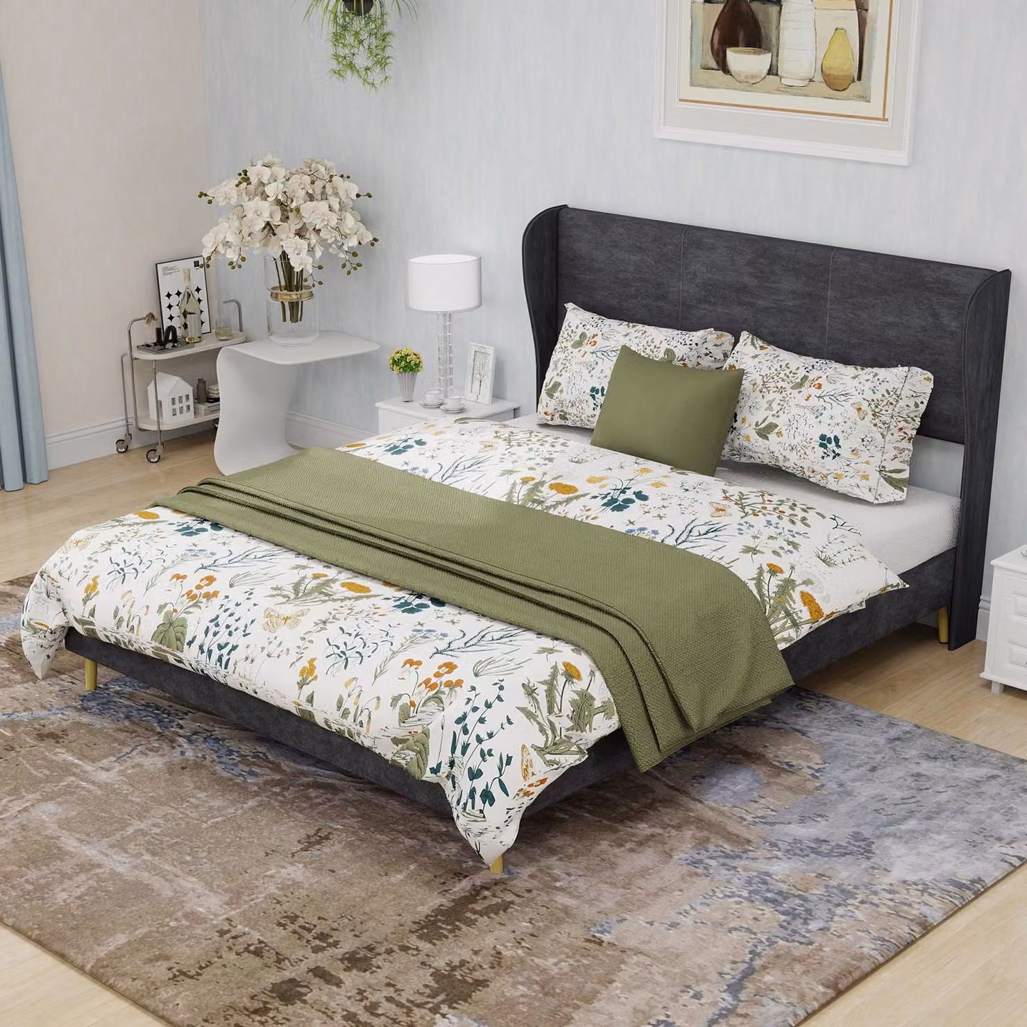 MODFU letto imbottito 140x200 struttura letto multifunzionale con base bassa e testiera, letto matrimoniale con testiera morbida, senza materasso, grigio