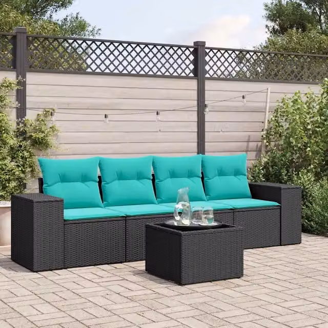 Salotto da Giardino-Set Divani da Giardino 5 pz con Cuscini Nero in Polyrattan 456399