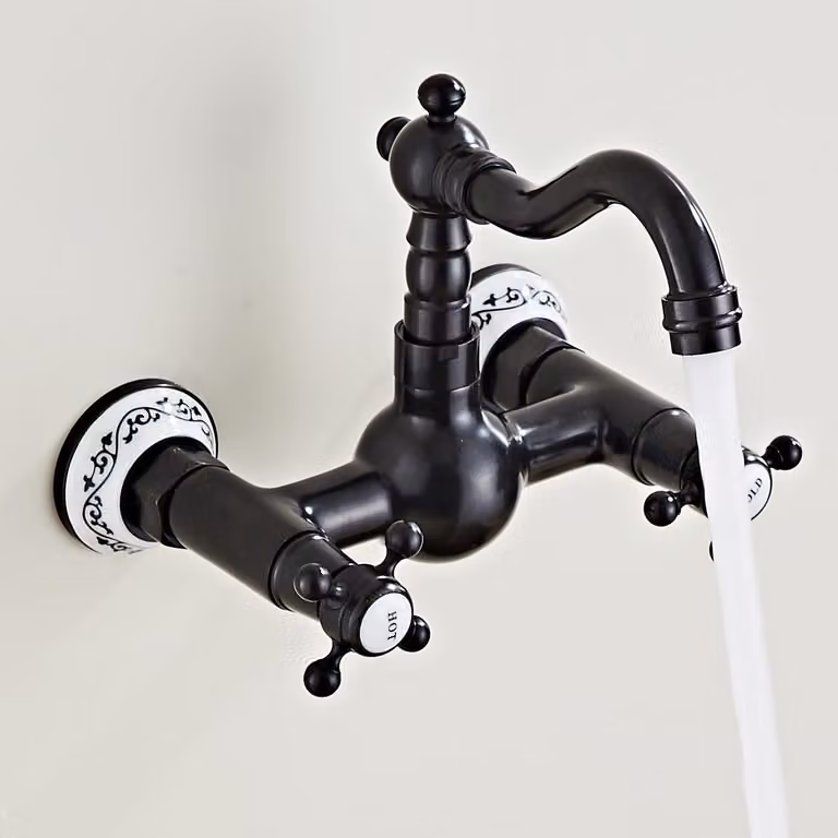 Miscelatore da cucina, montaggio a parete, 2 fori, ottone, cartuccia in Vetroceramica, beccuccio girevole, finitura bronzo nero, alto beccuccio