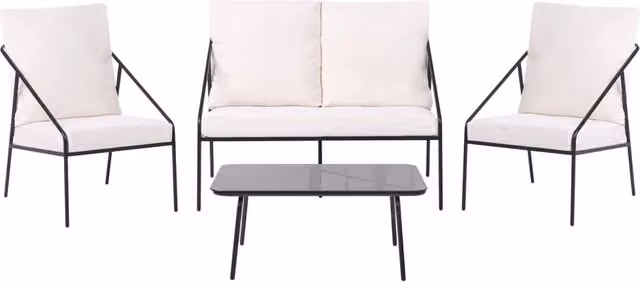 Set da giardino in metallo nero con cuscini in cotone per 4 persone con rivestimenti sfoderabili Poltrone Divano Tavolino Moderno