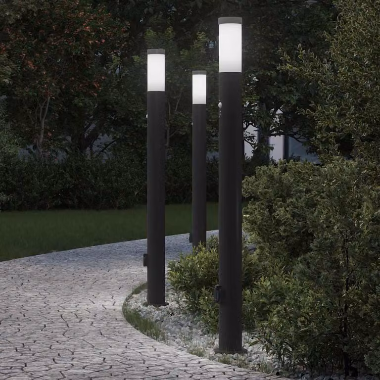 Set di 3 lampioni a dissuasore vidaXL in acciaio inox nero con sensore di movimento e presa E27, Altezza: 110 cm
