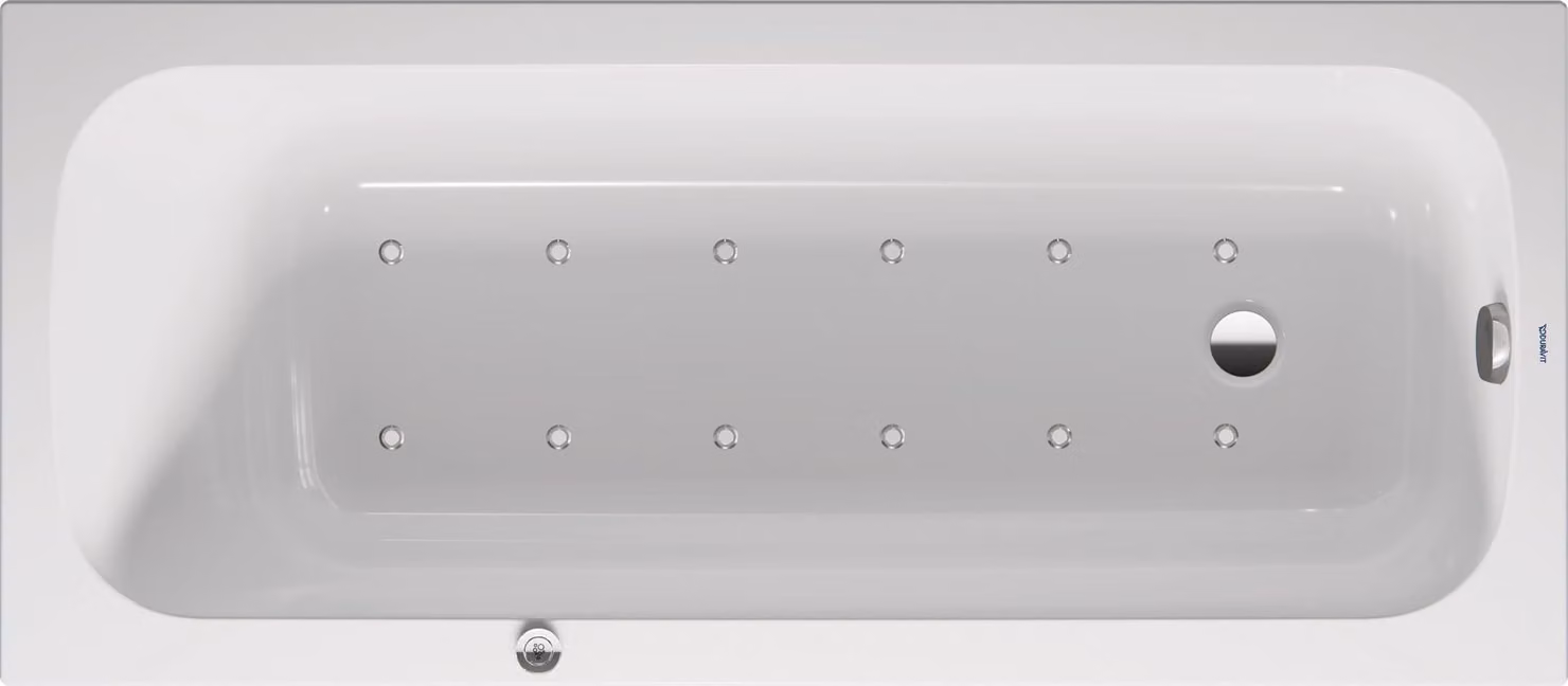 Baignoire balnéo Duravit Collection One, version à encastrer, simple dos, bâti-support, garniture de vidage et de trop-plein, système Air, 1600x700mm, 760610000AS0000, 760610000AS0000