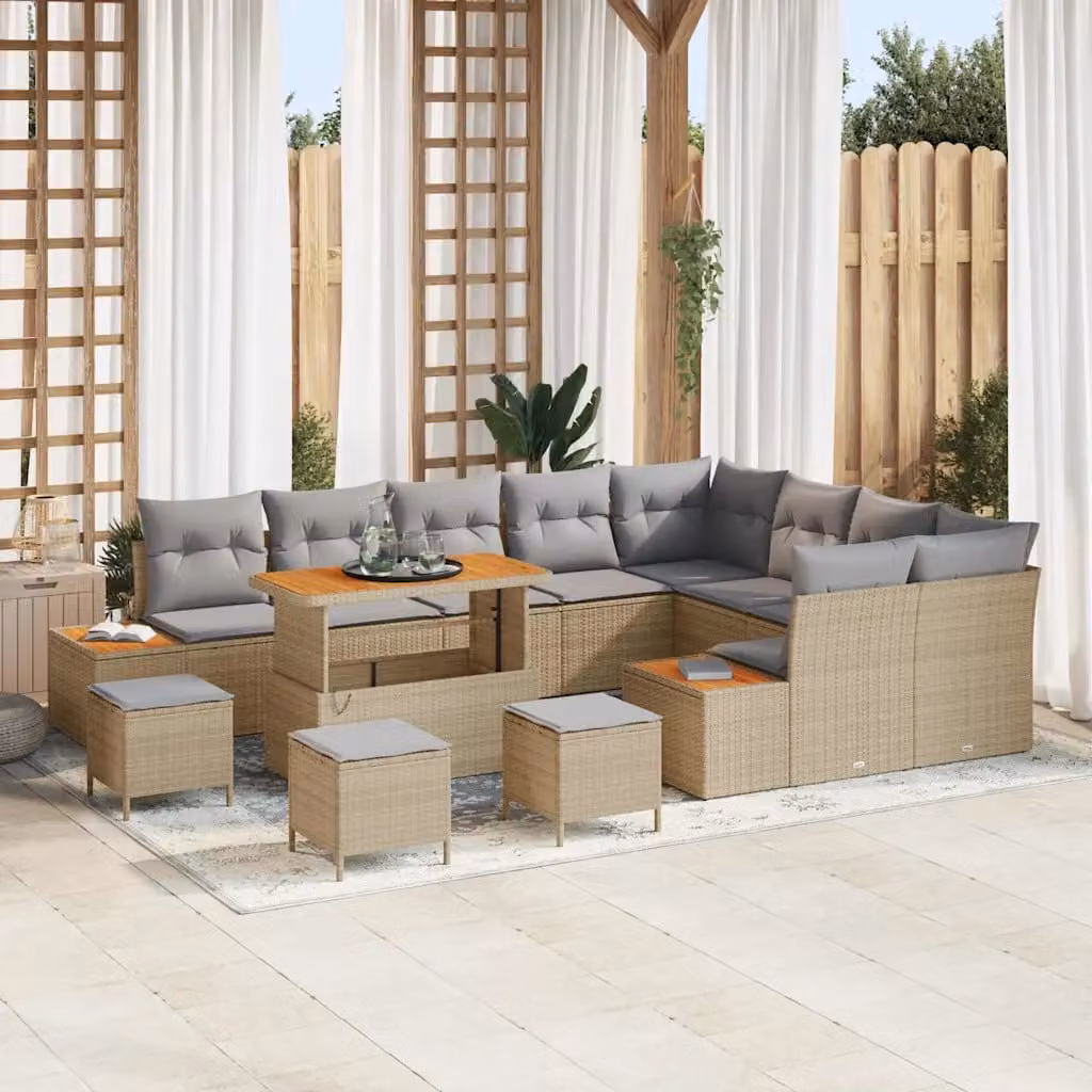 Set Divano da Giardino vidaXL a forma a U con 13 pezzi, colore Beige, con cuscini e tavolino da esterno – 1
