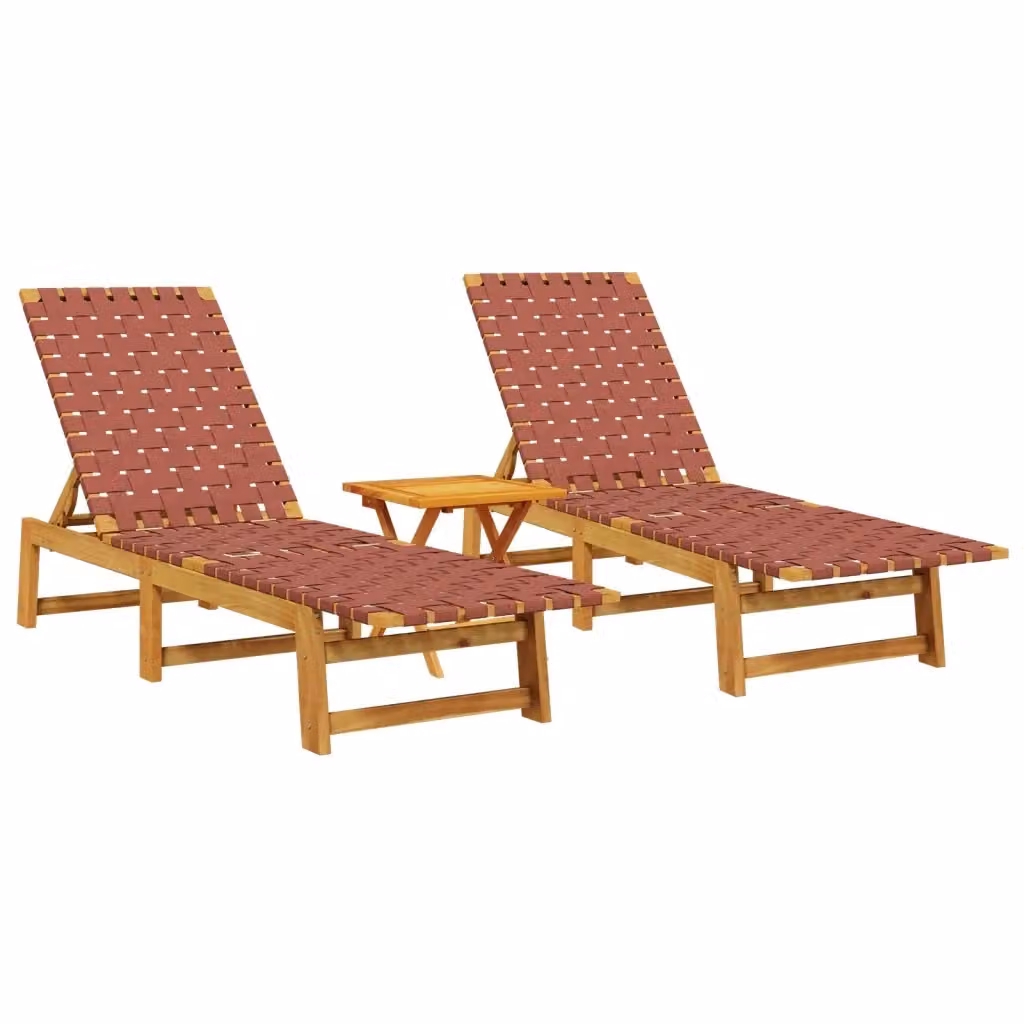 Set di 2 lettini prendisole con tavolino vidaXL in legno di acacia oliato rosso e marrone con poggiatesta regolabile e tessuto in olefina per giardino e terrazza – 2