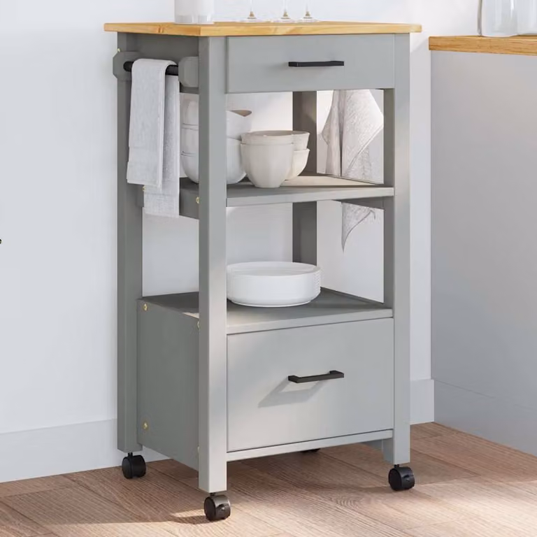 vidaXL Carrello da Cucina MONZA in Legno di Pino e Metallo, Grigio, L/P/H: 48 x 40 x 88,5 cm