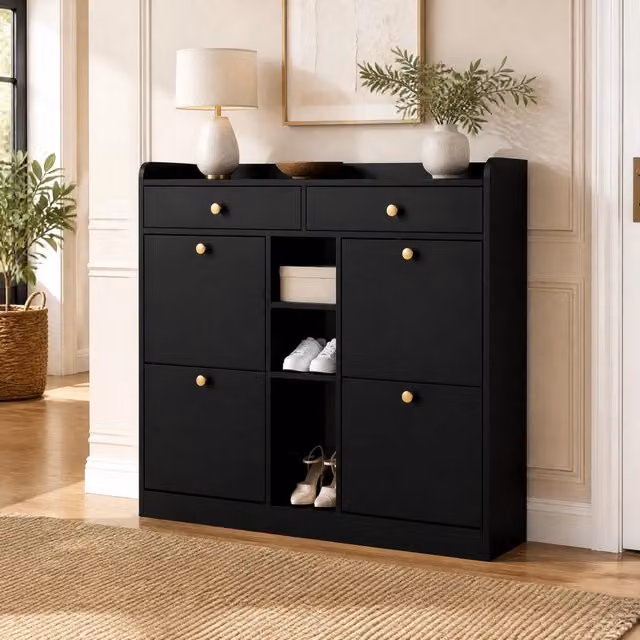 Scarpiera moderna Mivray nera con 4 ante a ribalta, 2 cassetti interni e 3 vani aperti, L 110 cm x P 26 cm x H 100 cm