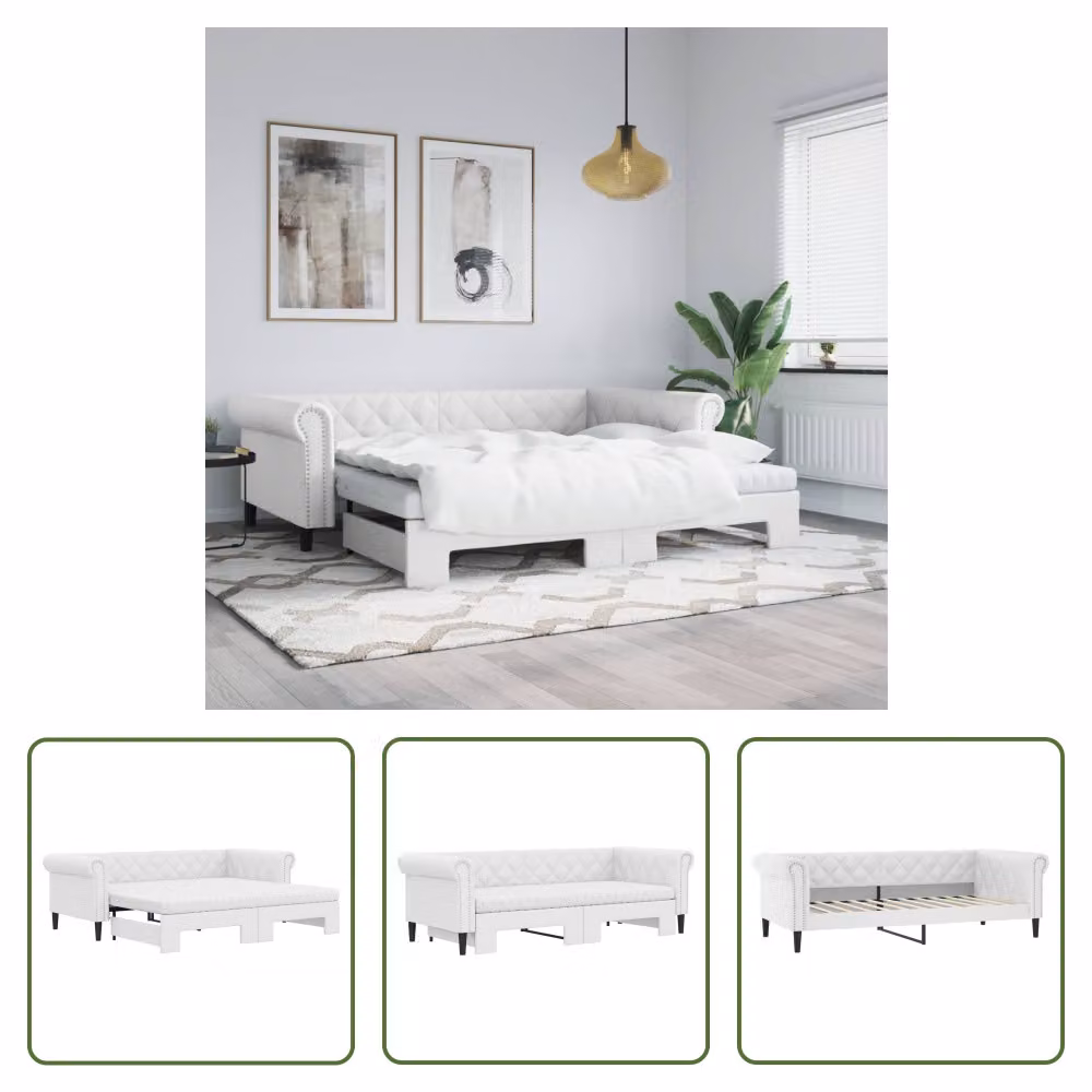 The Living Store Letto da giorno allungabile con materassi bianco 90x200 cm in ecopelle