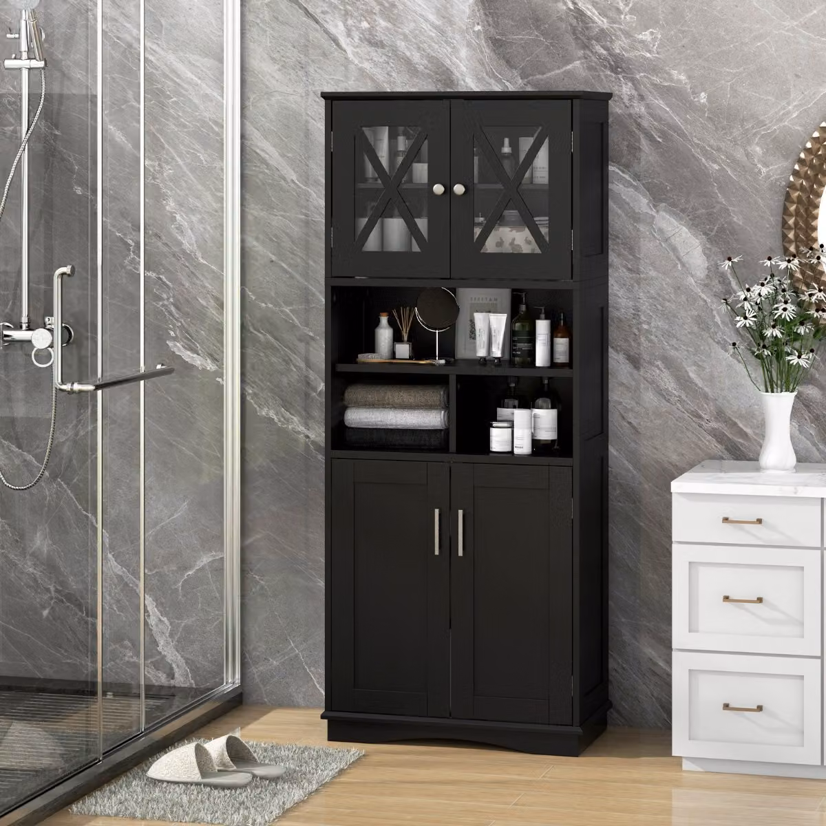 Armadio da bagno alto Costway con ante a battente e ripiani interni, mobile salvaspazio moderno con cubi aperti, Nero opaco