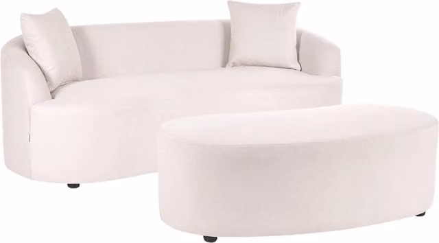 con pouf, 2 posti, a forma di fagiolo rivestito in tessuto color tortora Amal Divano ovale in tessuto con pouf, 2 posti, a forma di fagiolo, stile organico, rivestito in tessuto color beige chiaro