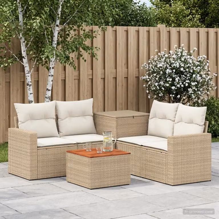 Set di divani da giardino vidaXL in polyrattan beige e bianco crema con tavolino e cuscini inclusi