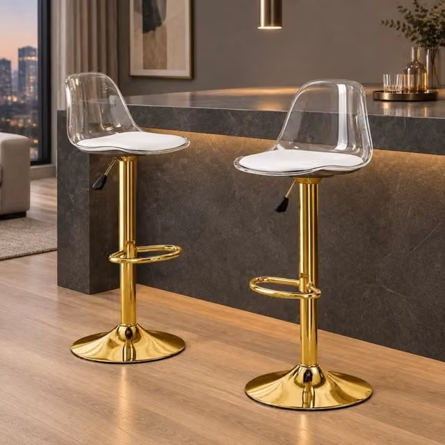 Set di 2 sgabelli da bar ULEVR regolabili 82-104 cm, seduta girevole 360¡ã e schienale trasparente, oro