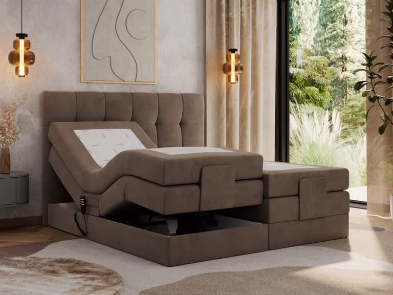 Letto a molle insacchettate MKS MEBLE 140 x 200 cm regolabile elettricamente Materasso a molle insacchettate a 7 zone con topper Letto 140 x 200 cm con motore Letto imbottito Letto motorizzato - Vittoria - Brown Velvet - H4